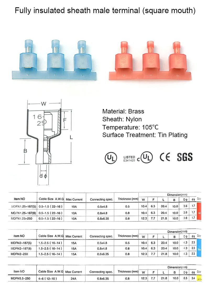 Brass Nylon insulated sheath male and female terminals Roll flag sleeves terminal, Sleeves Terminal, Insulated Terminal